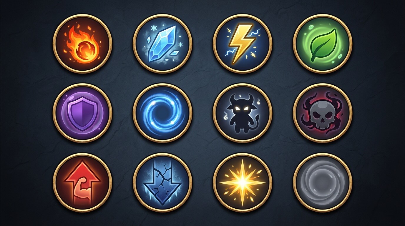 Icon set showing various game abilities and items