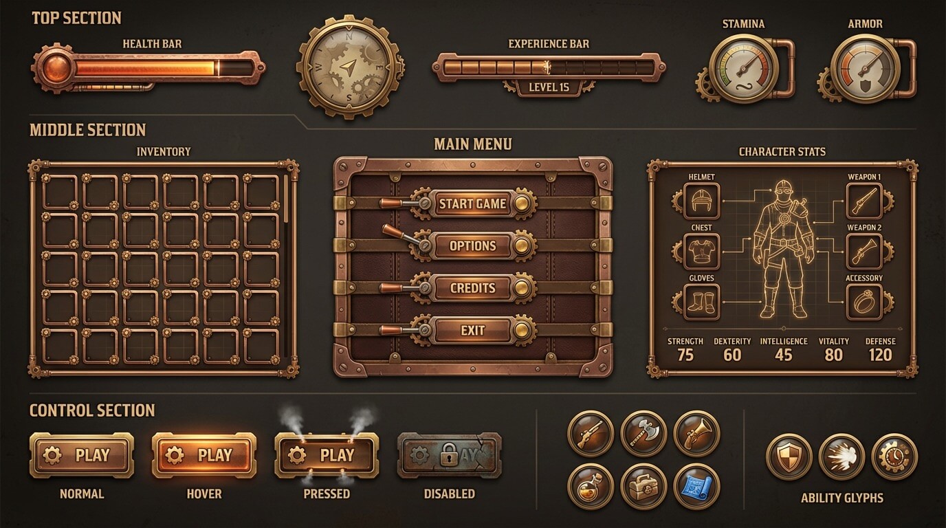 Complete game UI kit showing consistent visual style across elements