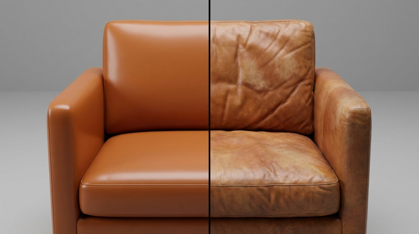 Side-by-side comparison of perfect versus weathered leather chair