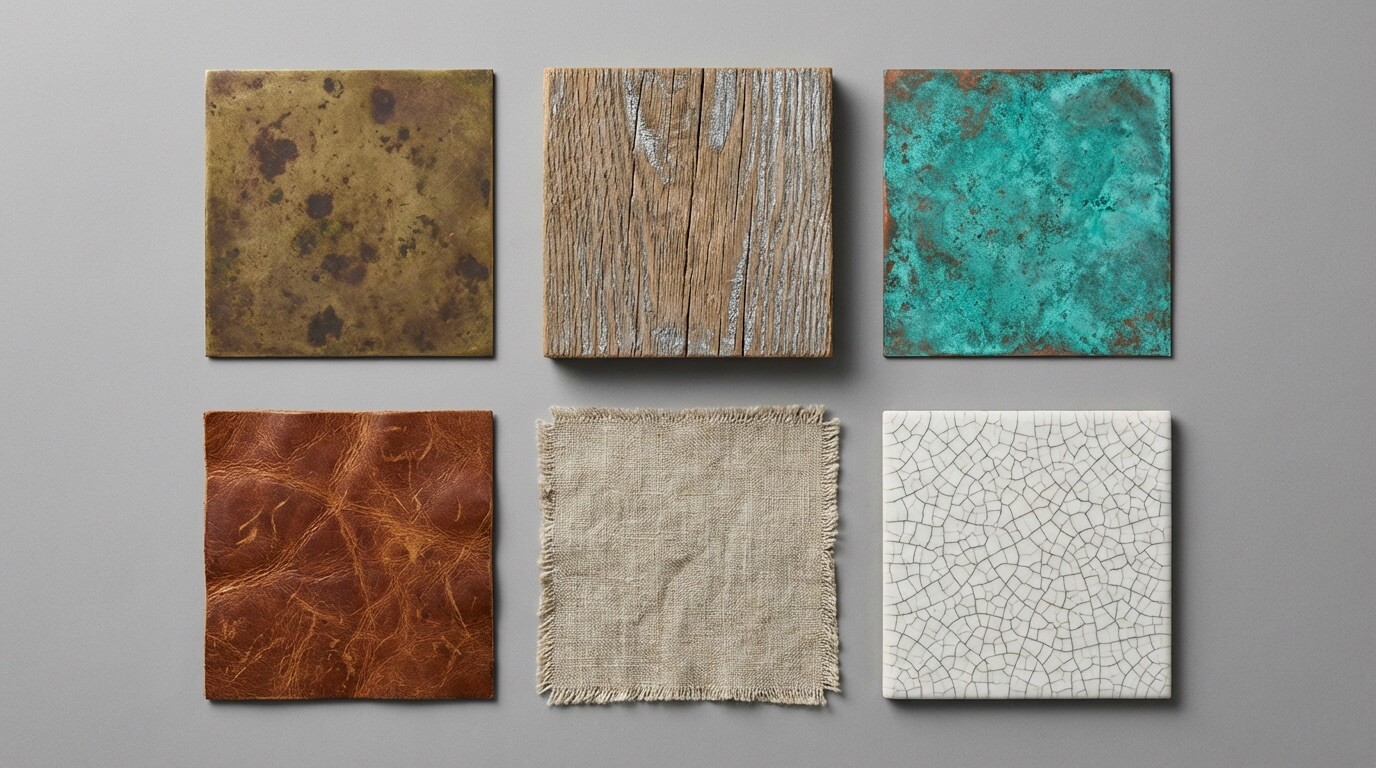 Material samples showing vocabulary of imperfection - patina, weathering, wear