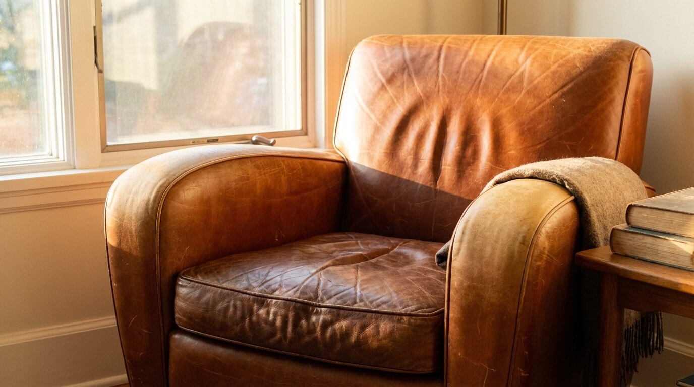 Leather armchair with authentic 10-year patina and wear
