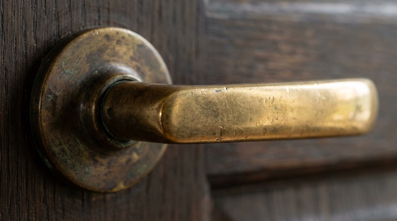Brass hardware showing beautiful patina and wear patterns