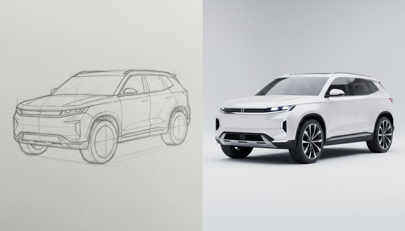 Side-by-side comparison showing sketch to photorealistic render transformation