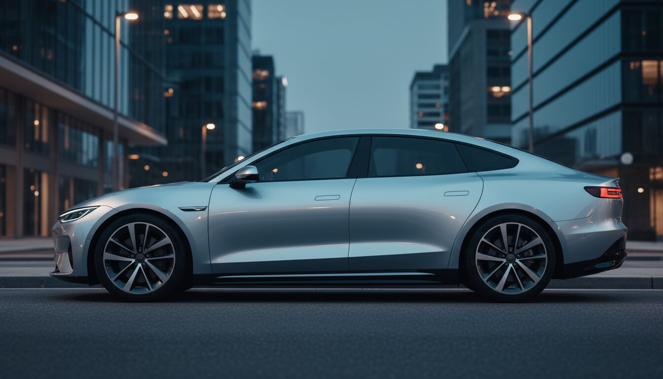 Modern electric sedan in urban environment with dramatic lighting