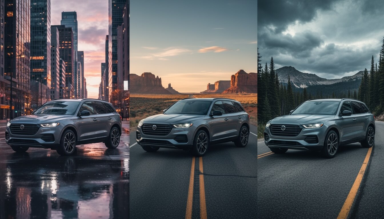 Luxury SUV shown in three different environments - urban, desert, and mountain