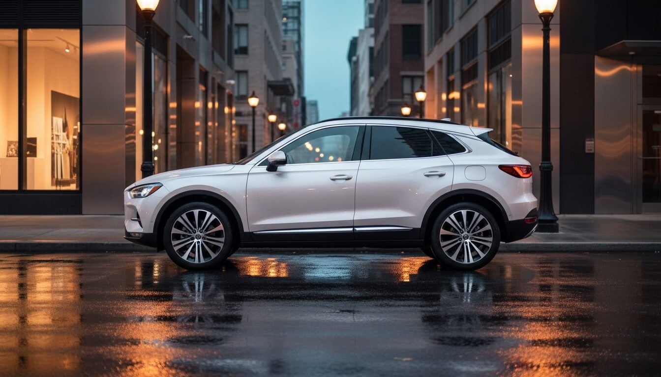 Modern crossover in contemporary city setting at dusk