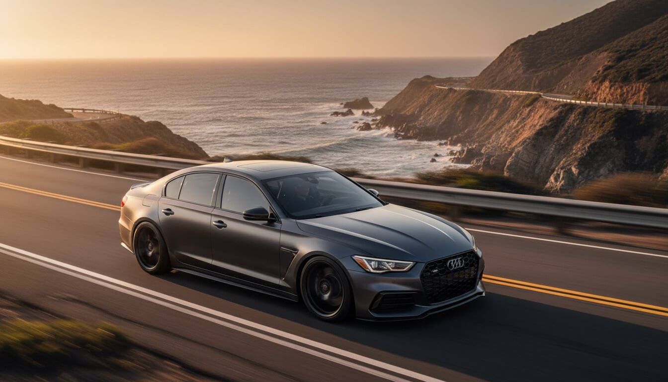 Performance vehicle in motion on coastal road