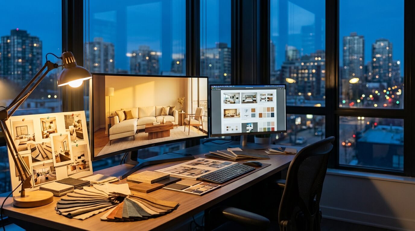 Modern interior design studio with AI visualization on multiple screens