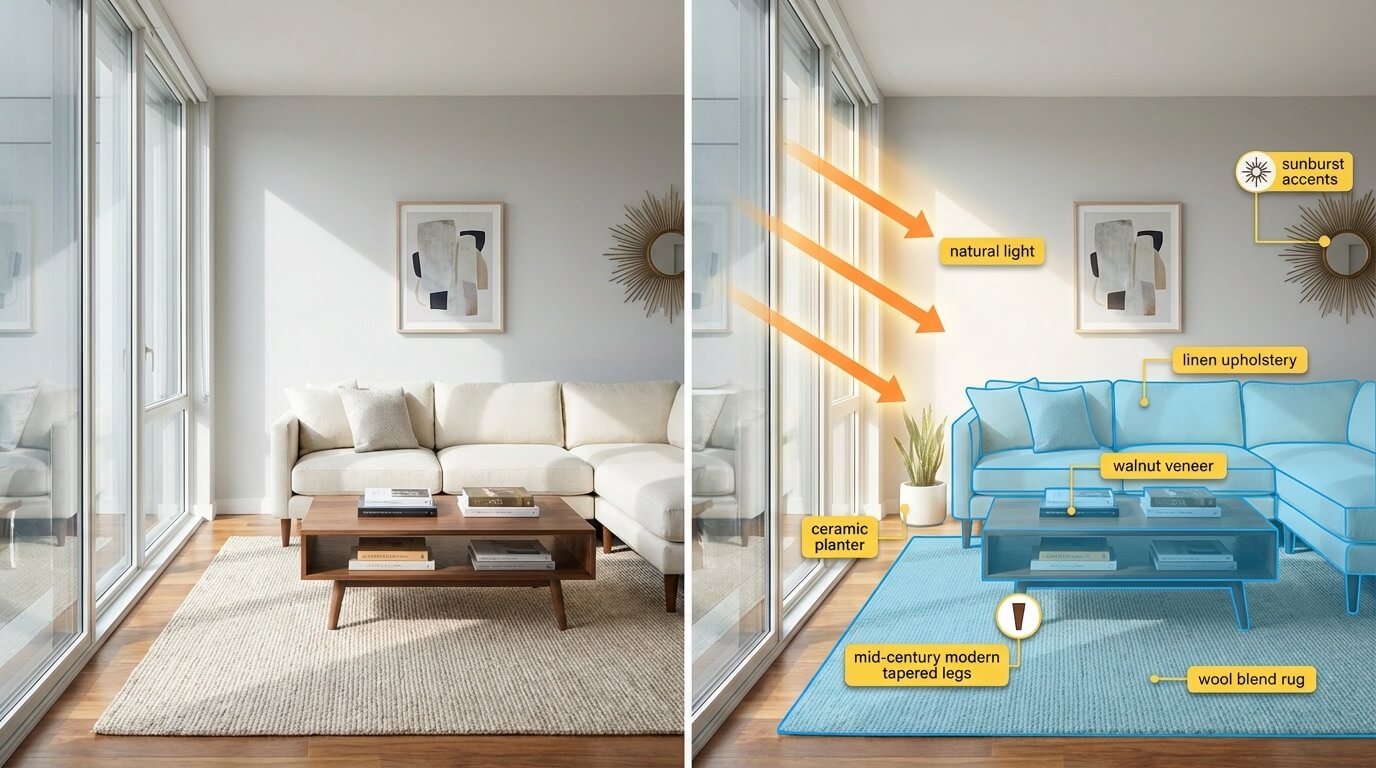 AI understanding visualization showing room analysis with style, materials, and lighting annotations