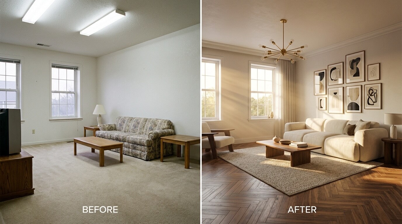 Before and after showing same room: photo upload on left, AI-transformed luxury interior on right