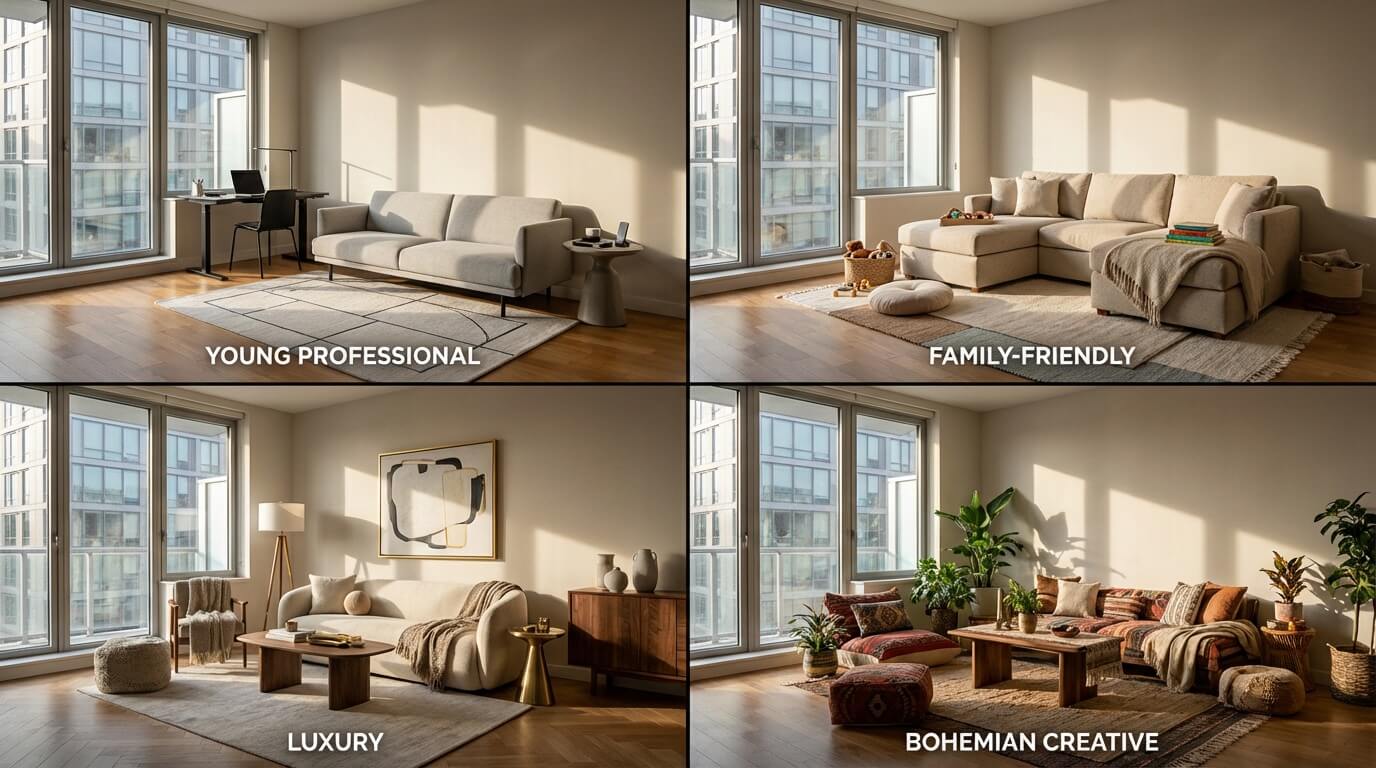 Grid of four images showing same living room staged for different buyer demographics