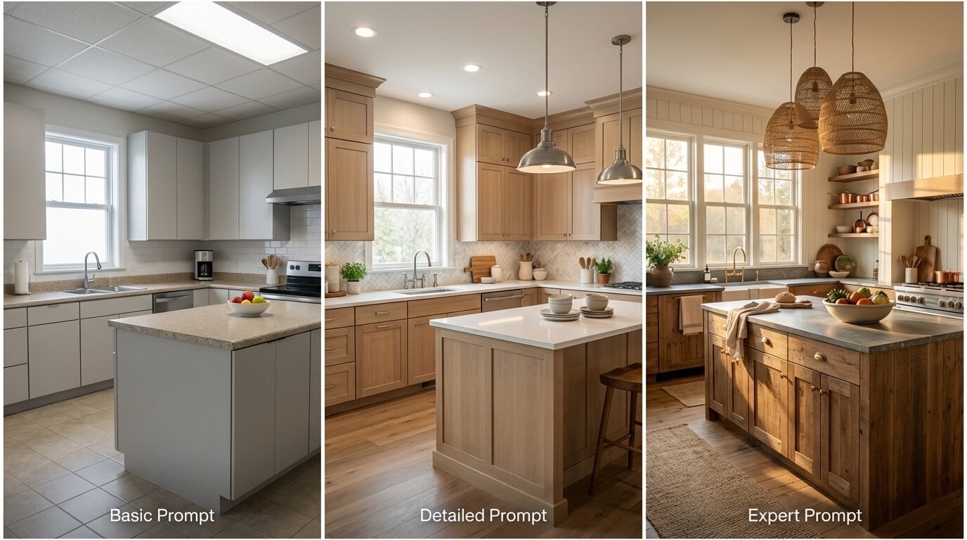 Progression showing how adding prompt details improves AI generation quality