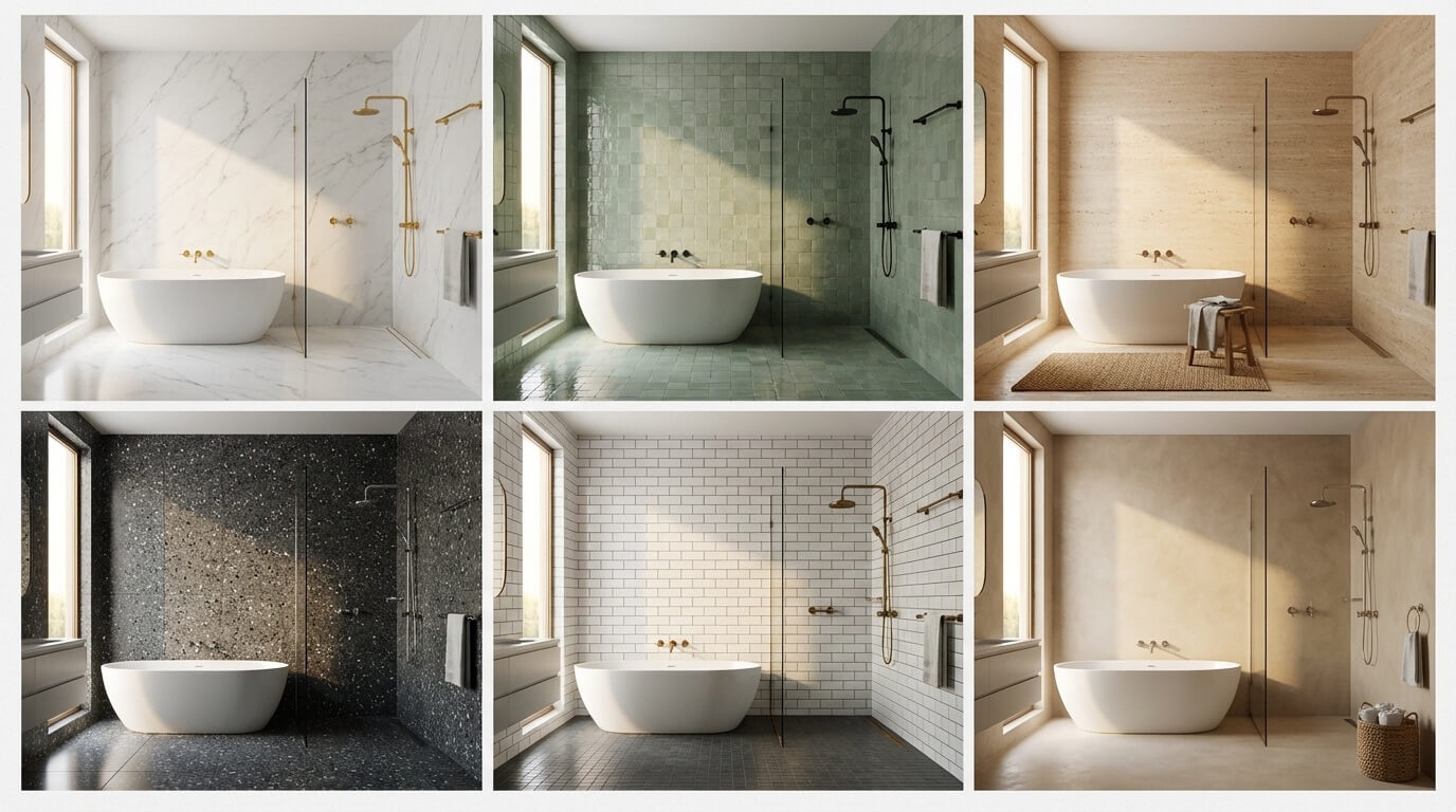 Material exploration grid showing same bathroom with different tile and fixture options