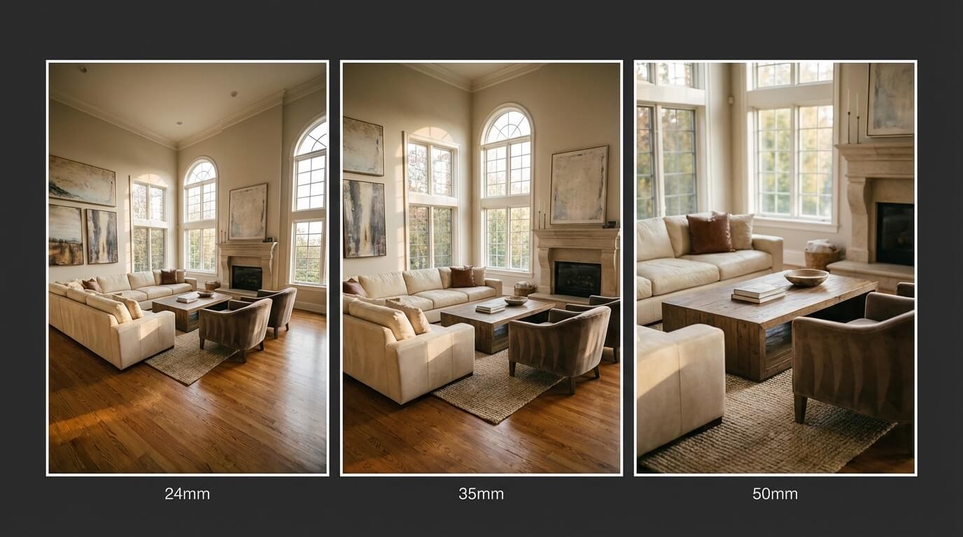 Comparison of same room shot at different focal lengths and angles