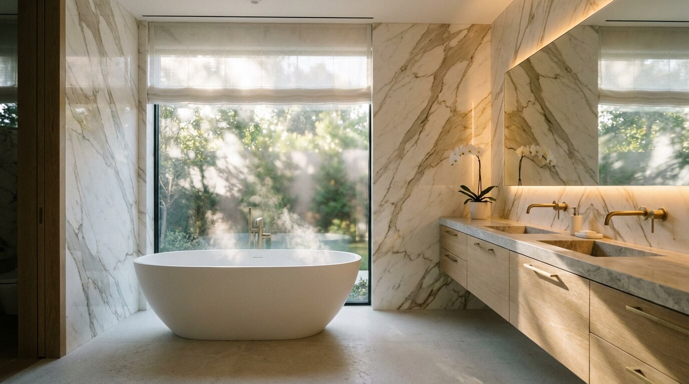 Luxurious spa-inspired master bathroom with natural materials