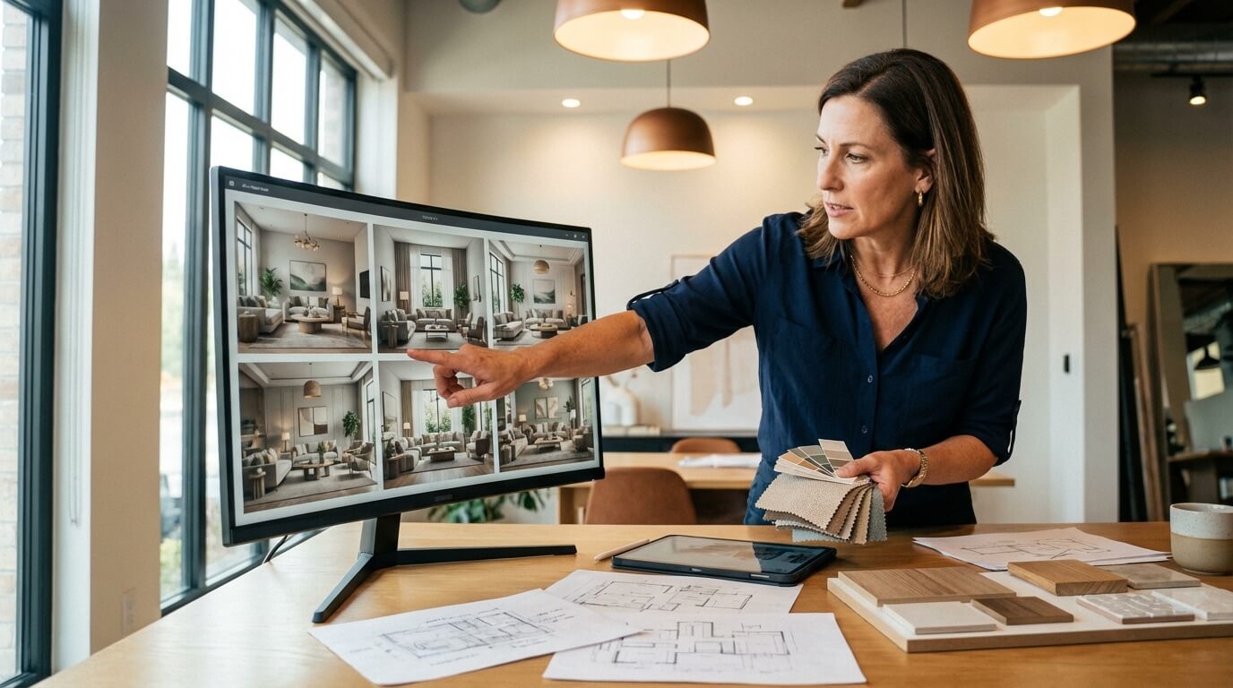 Designer using interior AI tool showing multiple design variations on screen