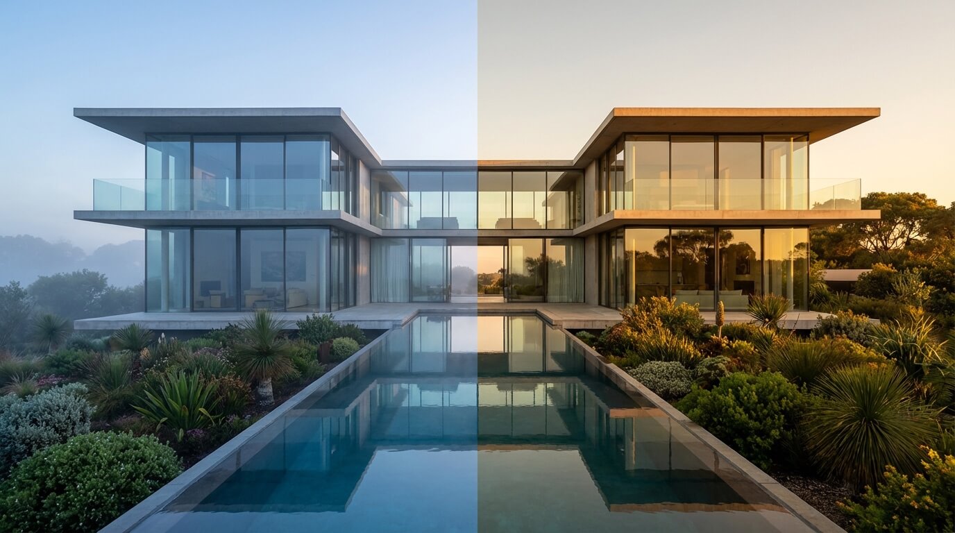 Architectural exterior transitioning from morning to golden hour