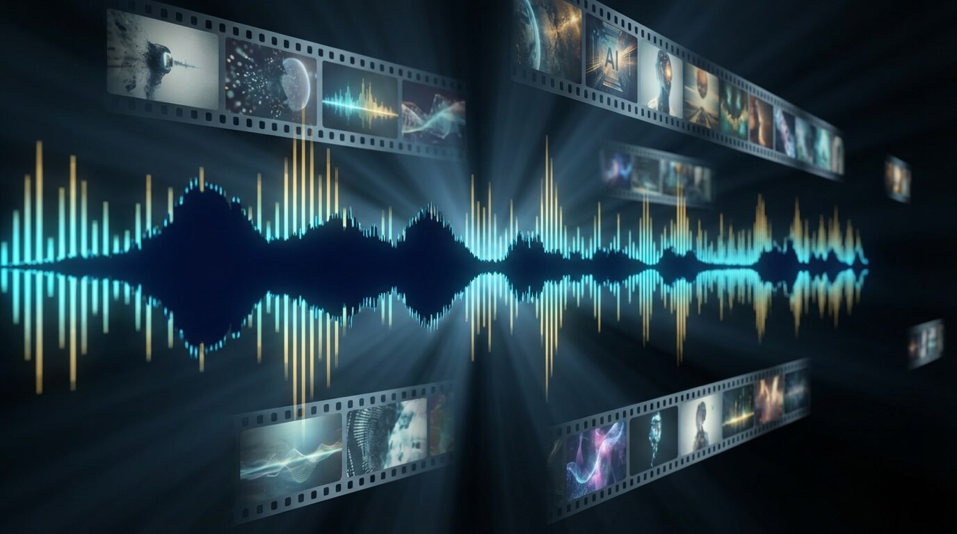 Modern recording studio visualization with audio waveforms