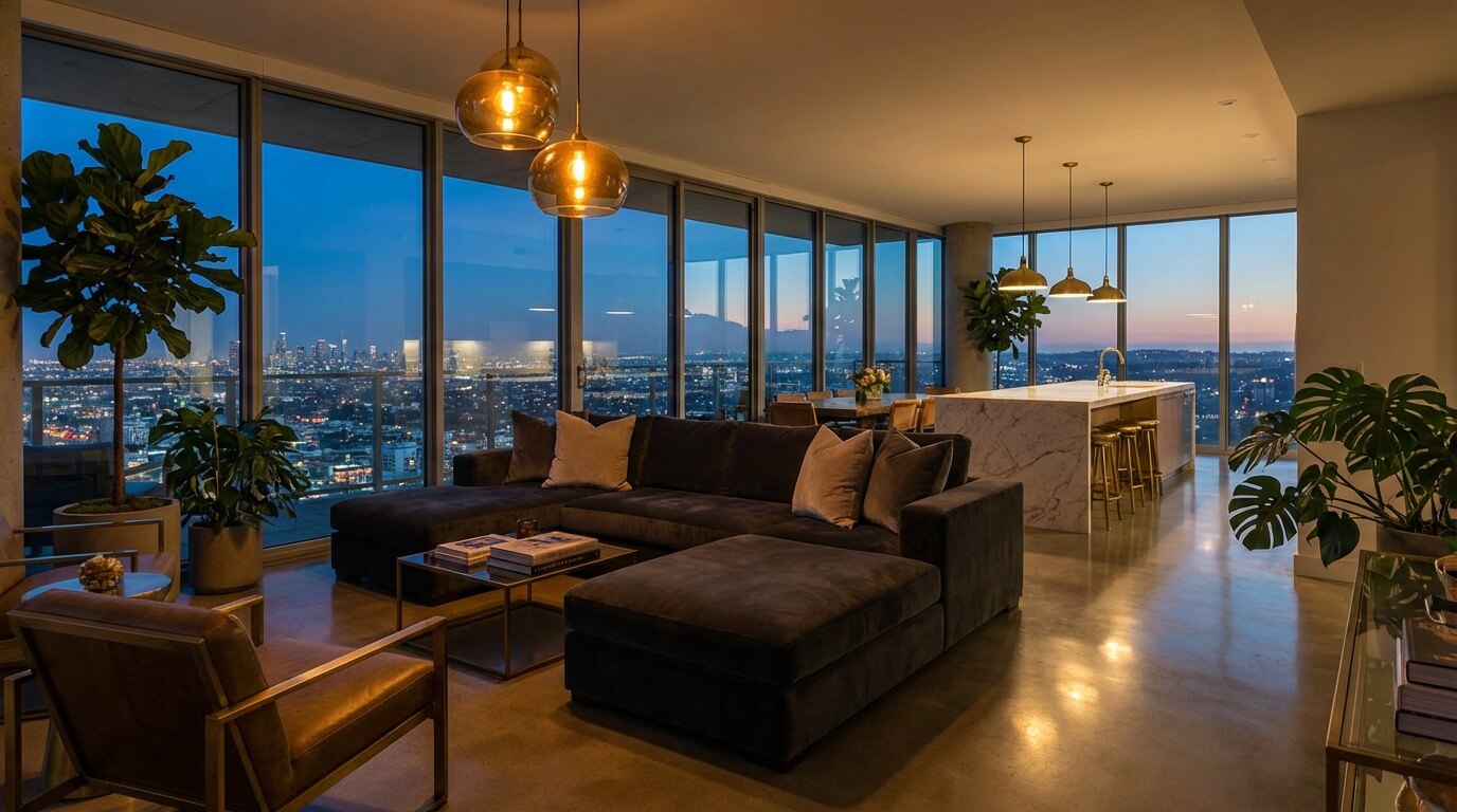 Luxury penthouse interior with floor-to-ceiling windows and city skyline