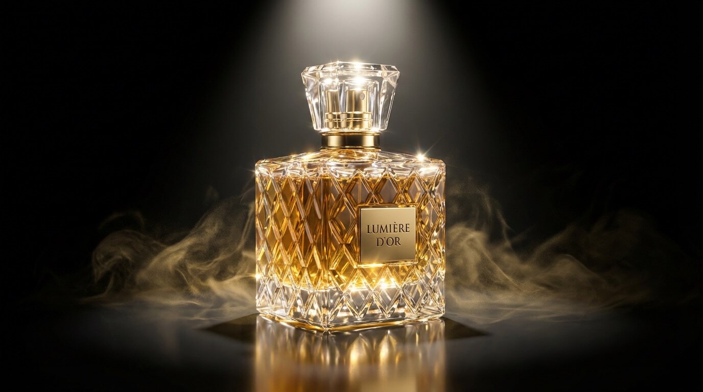 Luxury perfume bottle product reveal with dramatic lighting