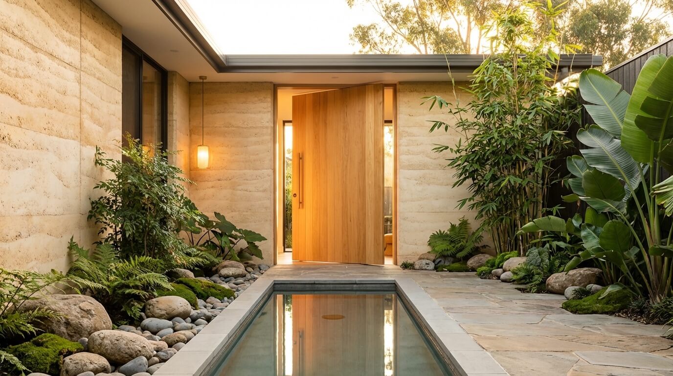 Modern minimalist courtyard house with water feature at golden hour