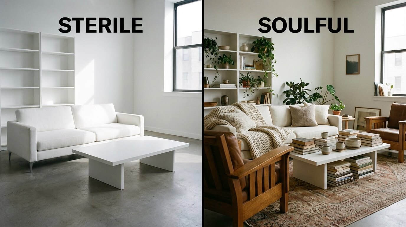 Living room showing the contrast between cold minimalism and warm midimalism