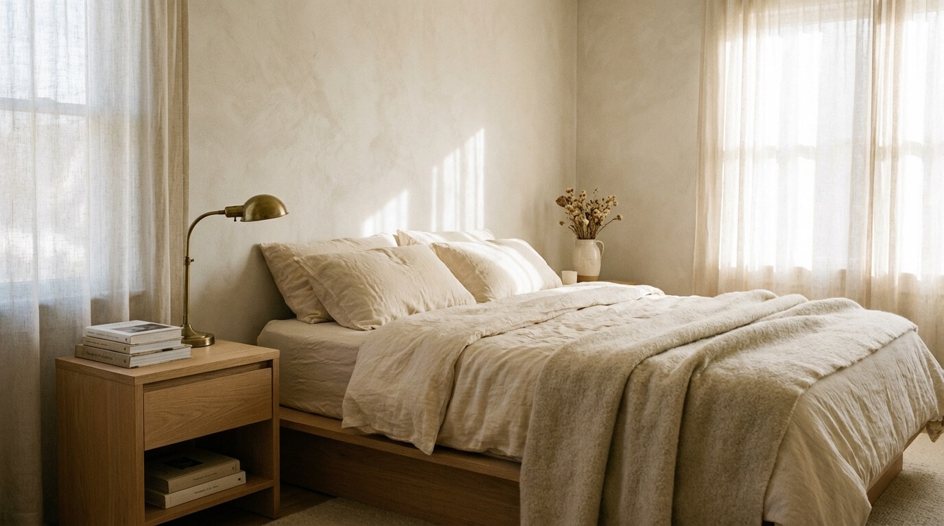 Midimalist bedroom with personal touches and curated objects