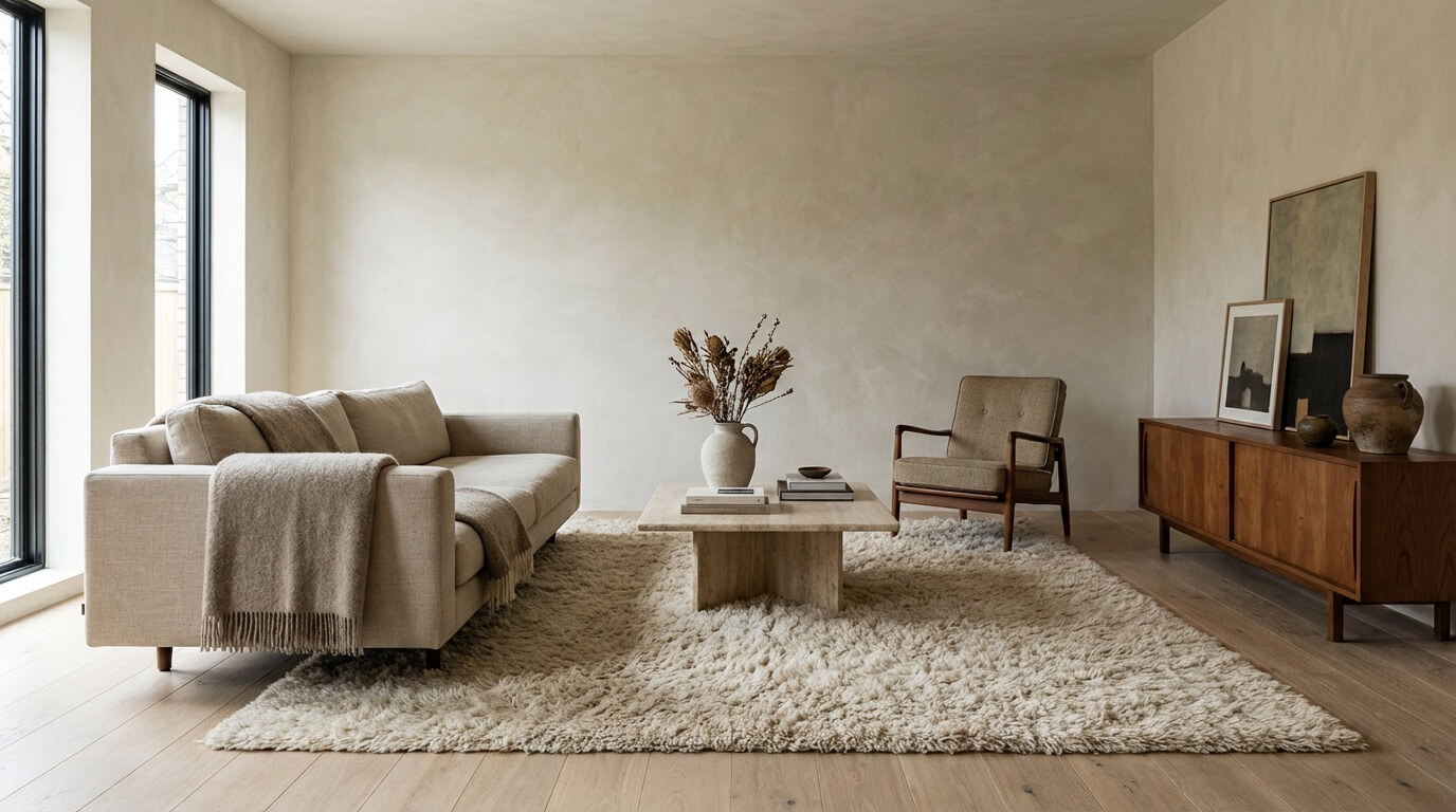 Living room with clean architecture but warm material palette