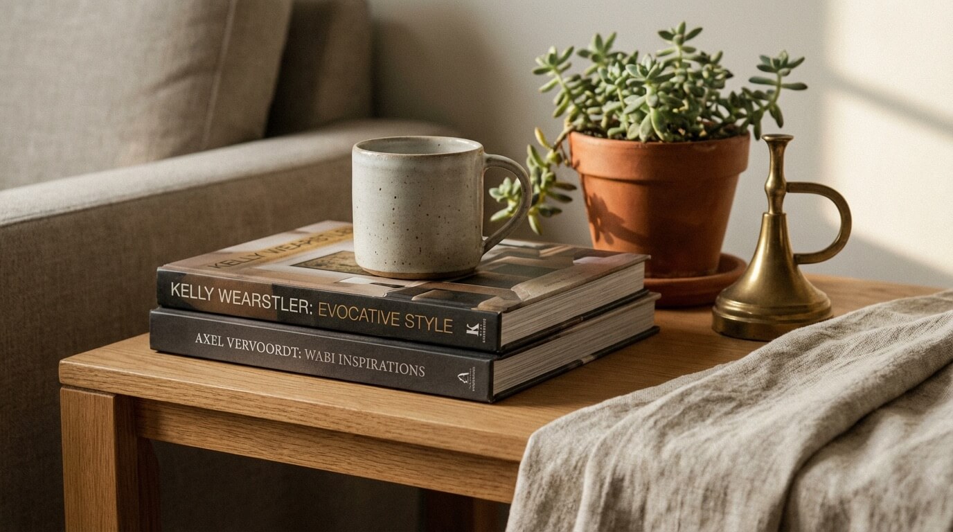 Detail shot of midimalist layering - textiles, books, ceramics