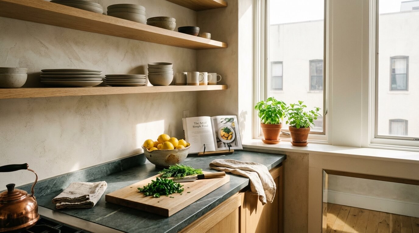 Midimalist kitchen with evidence of cooking and life