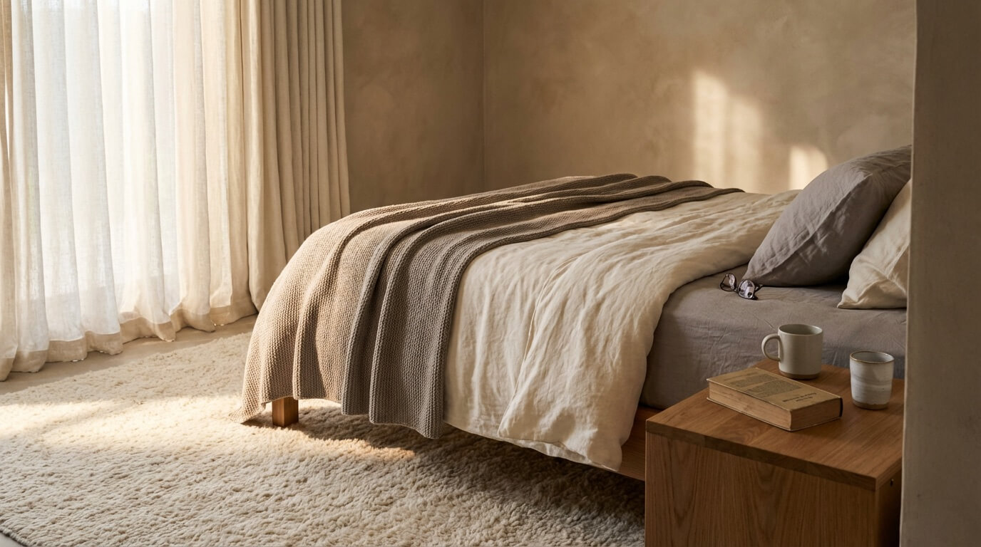 Midimalist bedroom with soft, lived-in quality