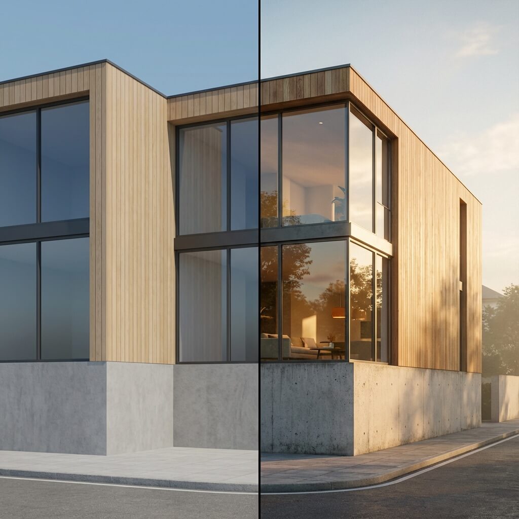 Comparison showing basic AI render versus Nano Banana Pro output with enhanced details and lighting