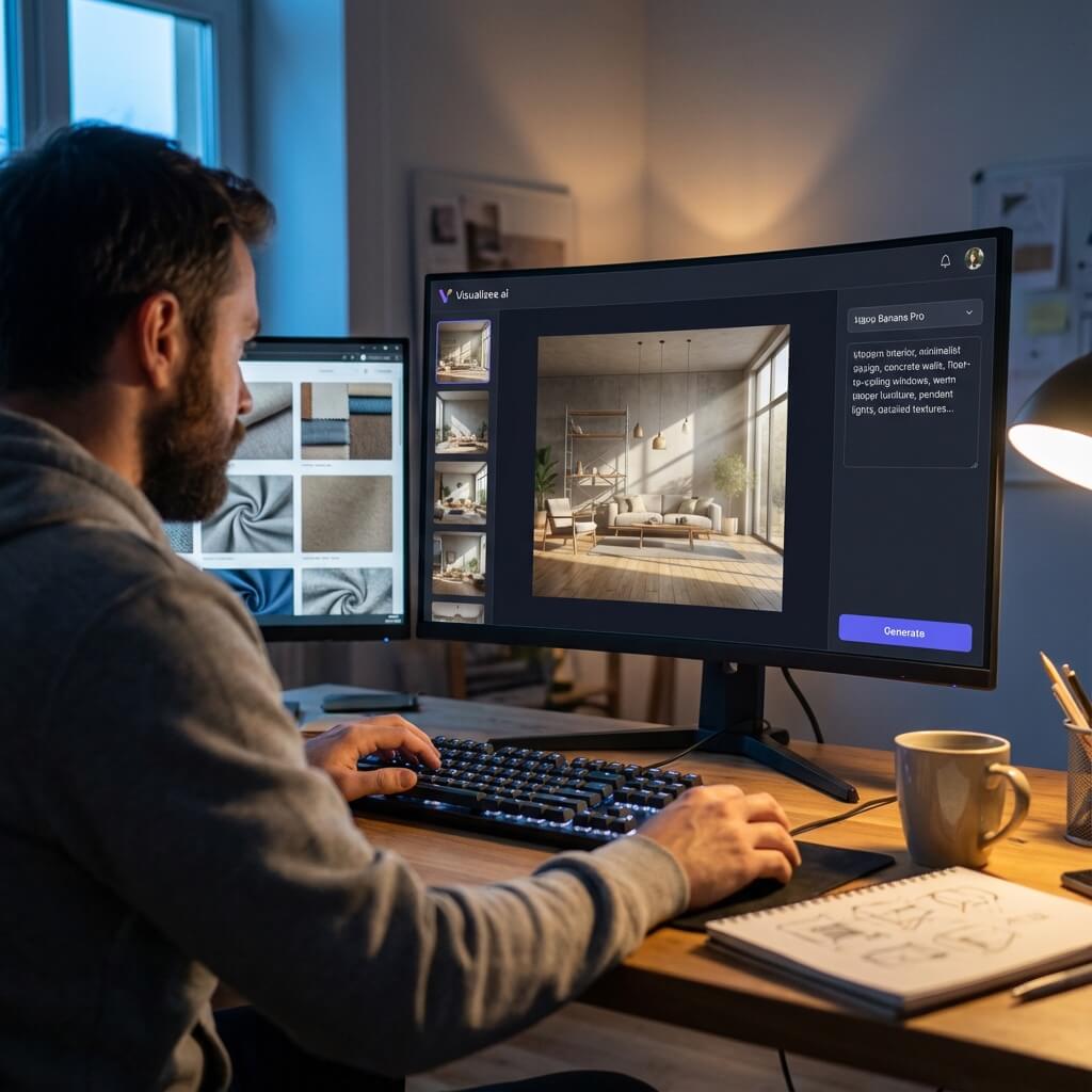 Designer working in Visualizee.ai interface with Nano Banana Pro selected