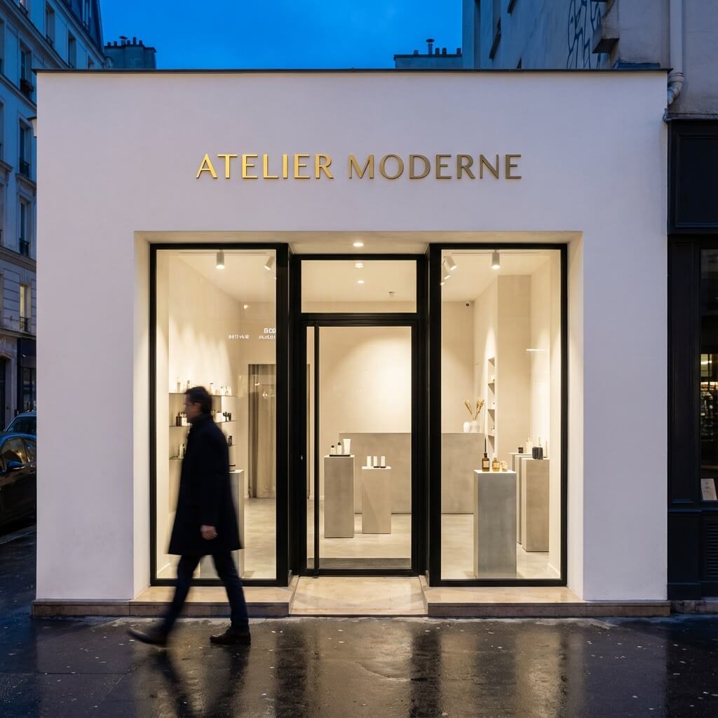 Architectural rendering of modern retail storefront with perfect signage and typography