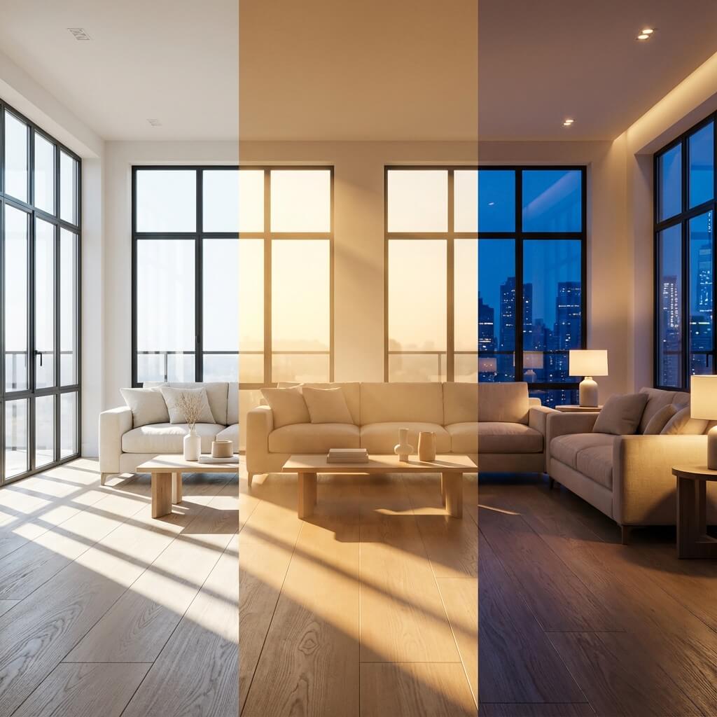 Same architectural space shown in three lighting scenarios: daylight, golden hour, and night