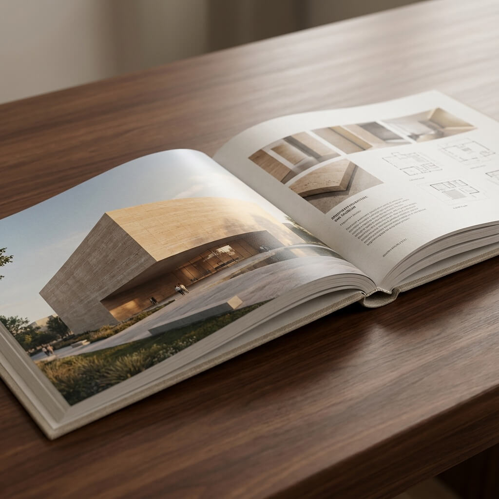 Professional architectural portfolio spread showing high-resolution renders