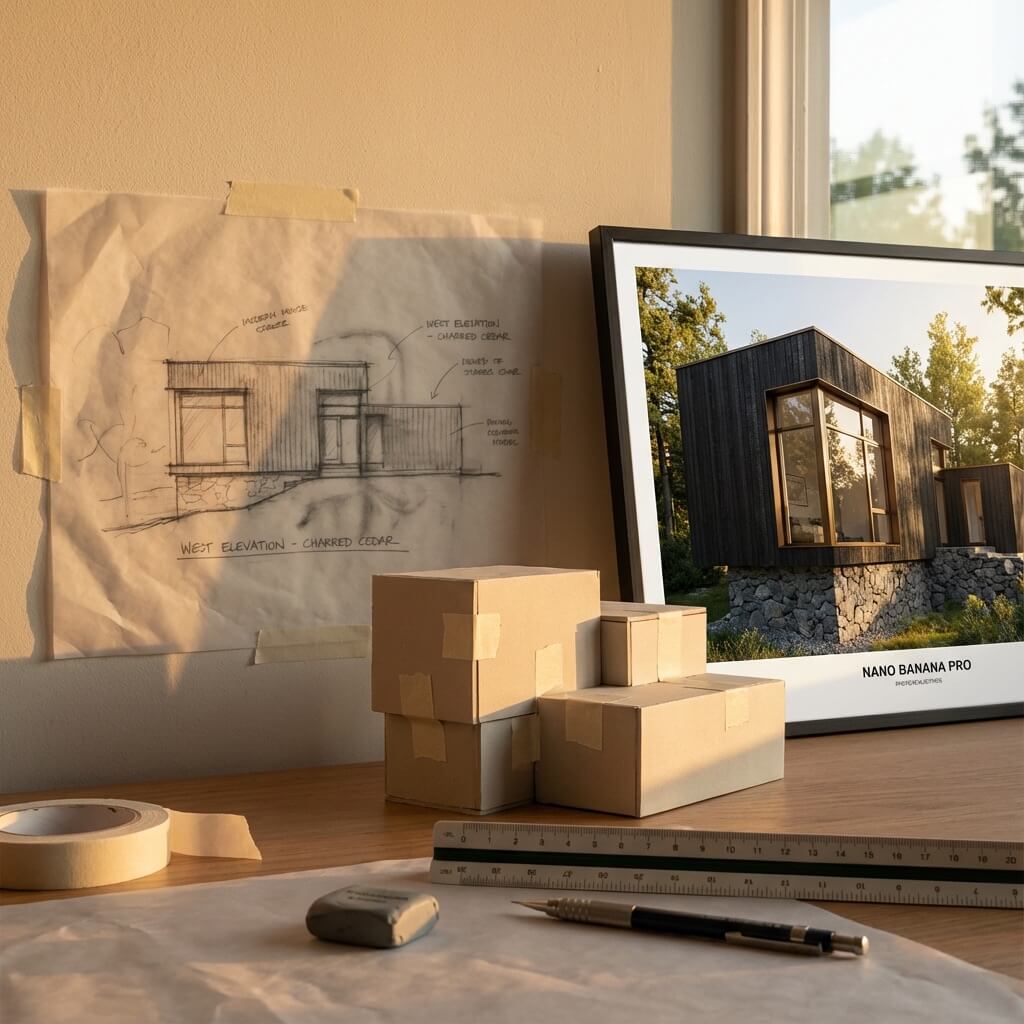 Workflow showing sketch to photorealistic render transformation
