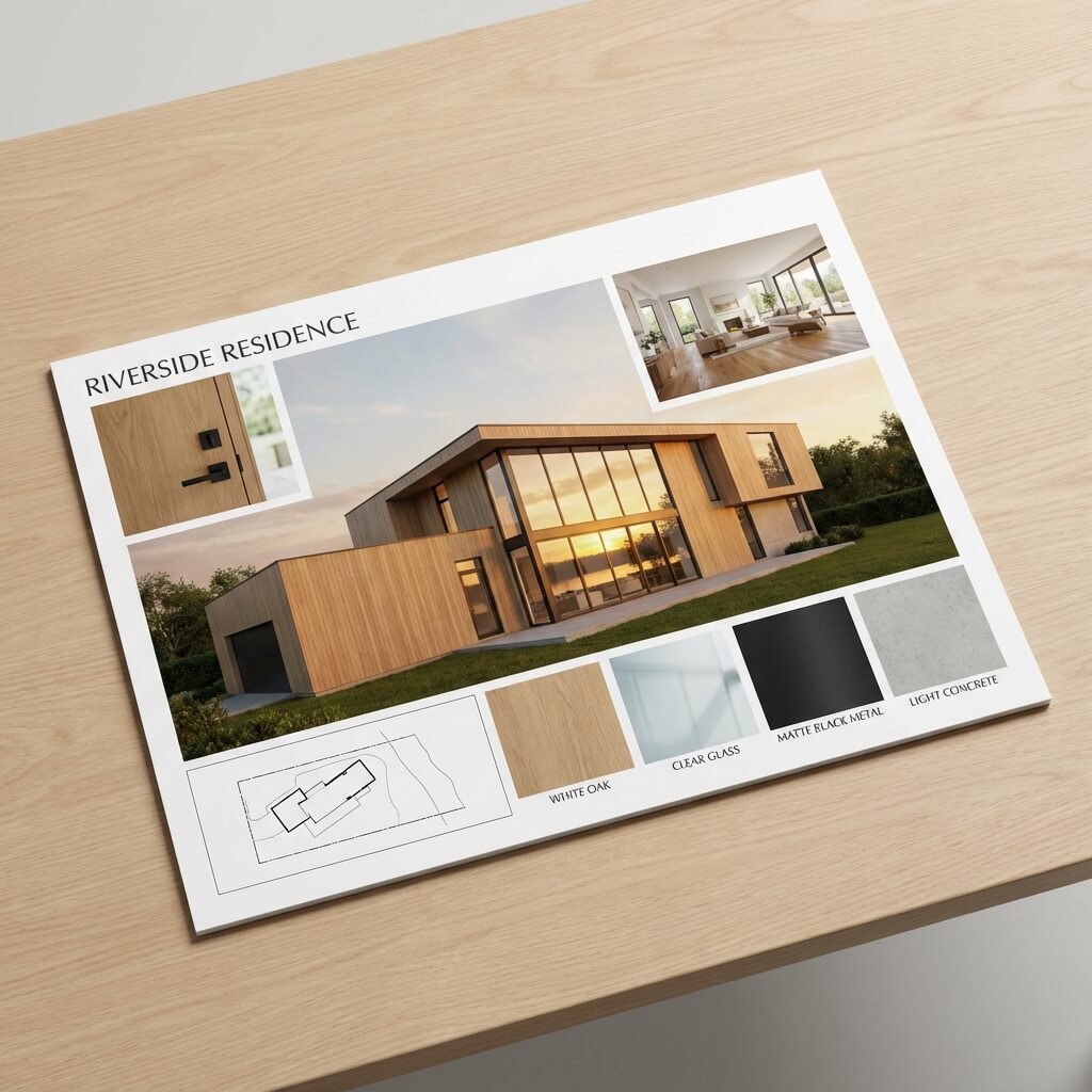 Professional client presentation board with multiple architectural views