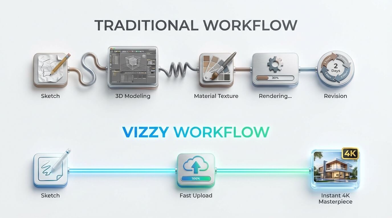 Comparison of traditional workflow versus Visualizee's instant sketch-to-render
