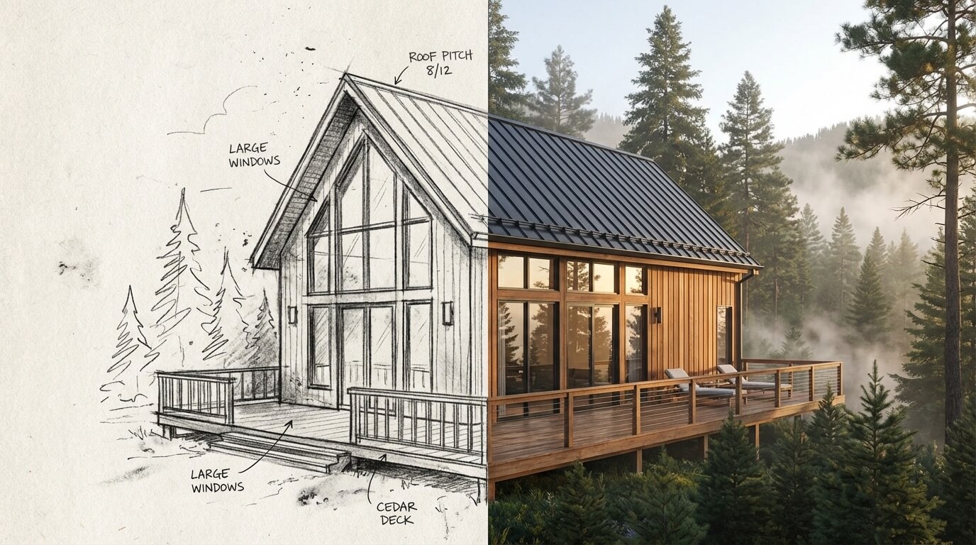 Hand-drawn cabin sketch next to its photorealistic Visualizee interpretation