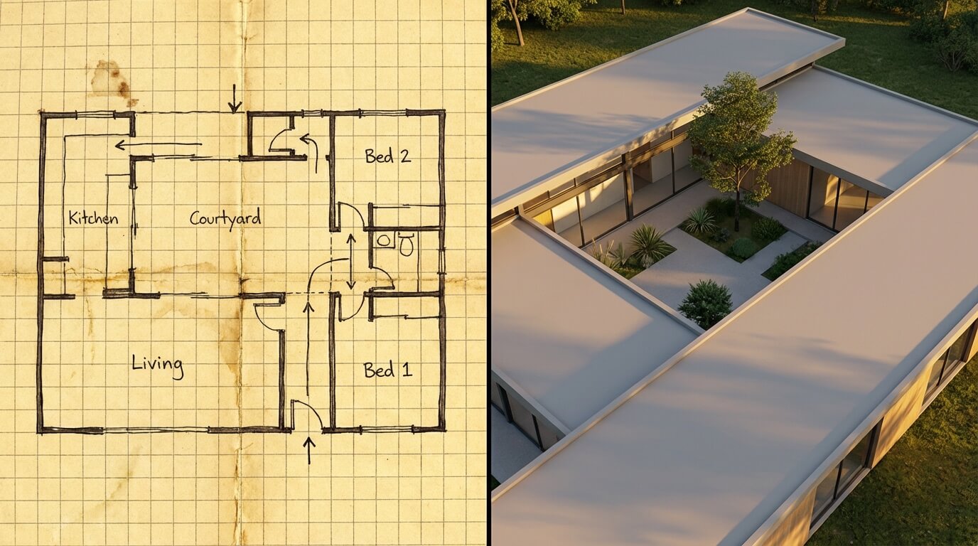 Rough floor plan sketch transformed into aerial 3D visualization