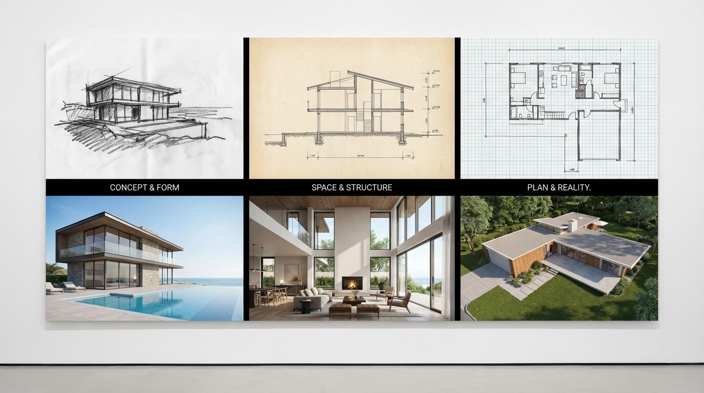 Three sketch types - napkin, section, and plan - with their rendered results