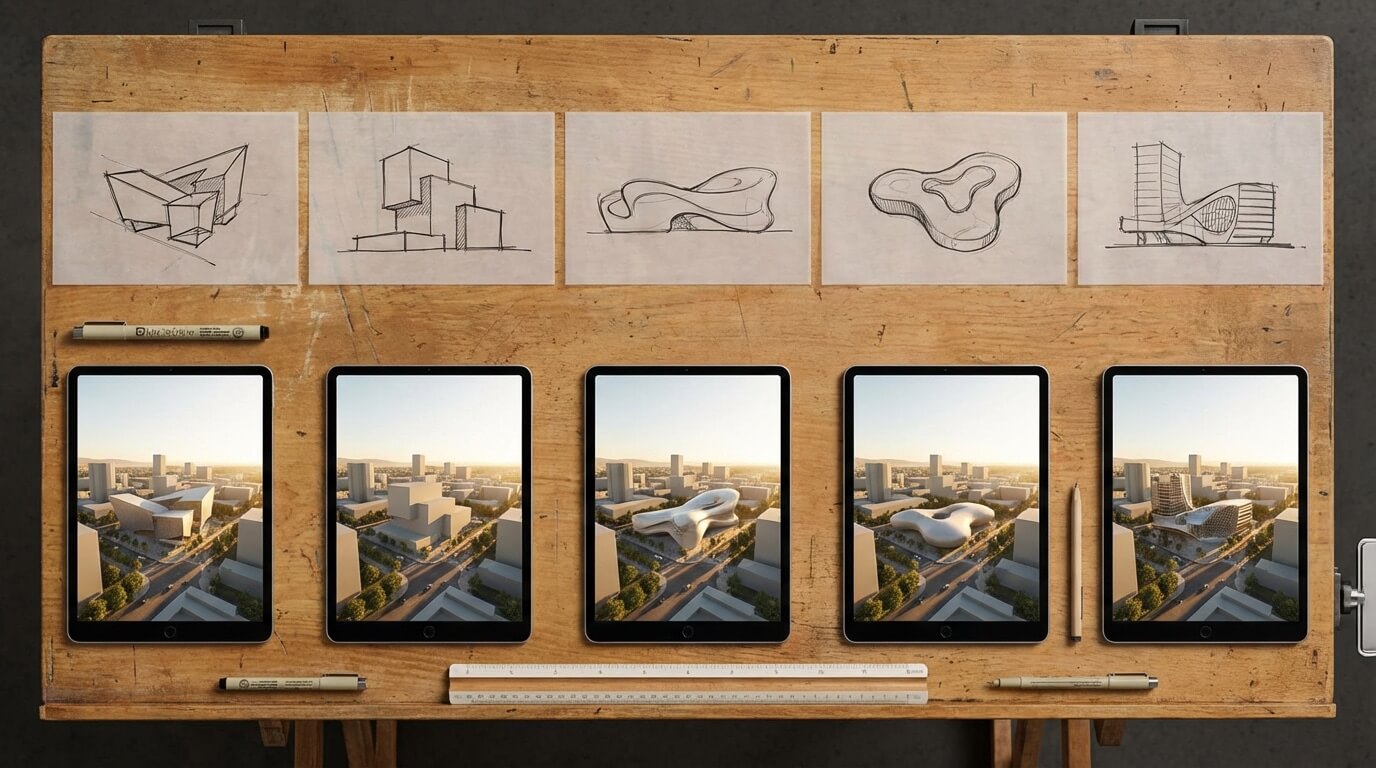 Multiple massing sketches with their comparative rendered visualizations