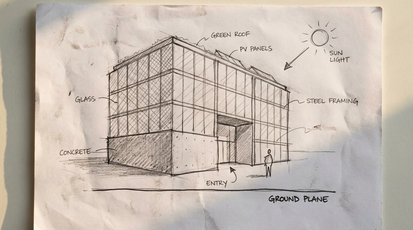 Sketch with annotations showing scale cues and material notes