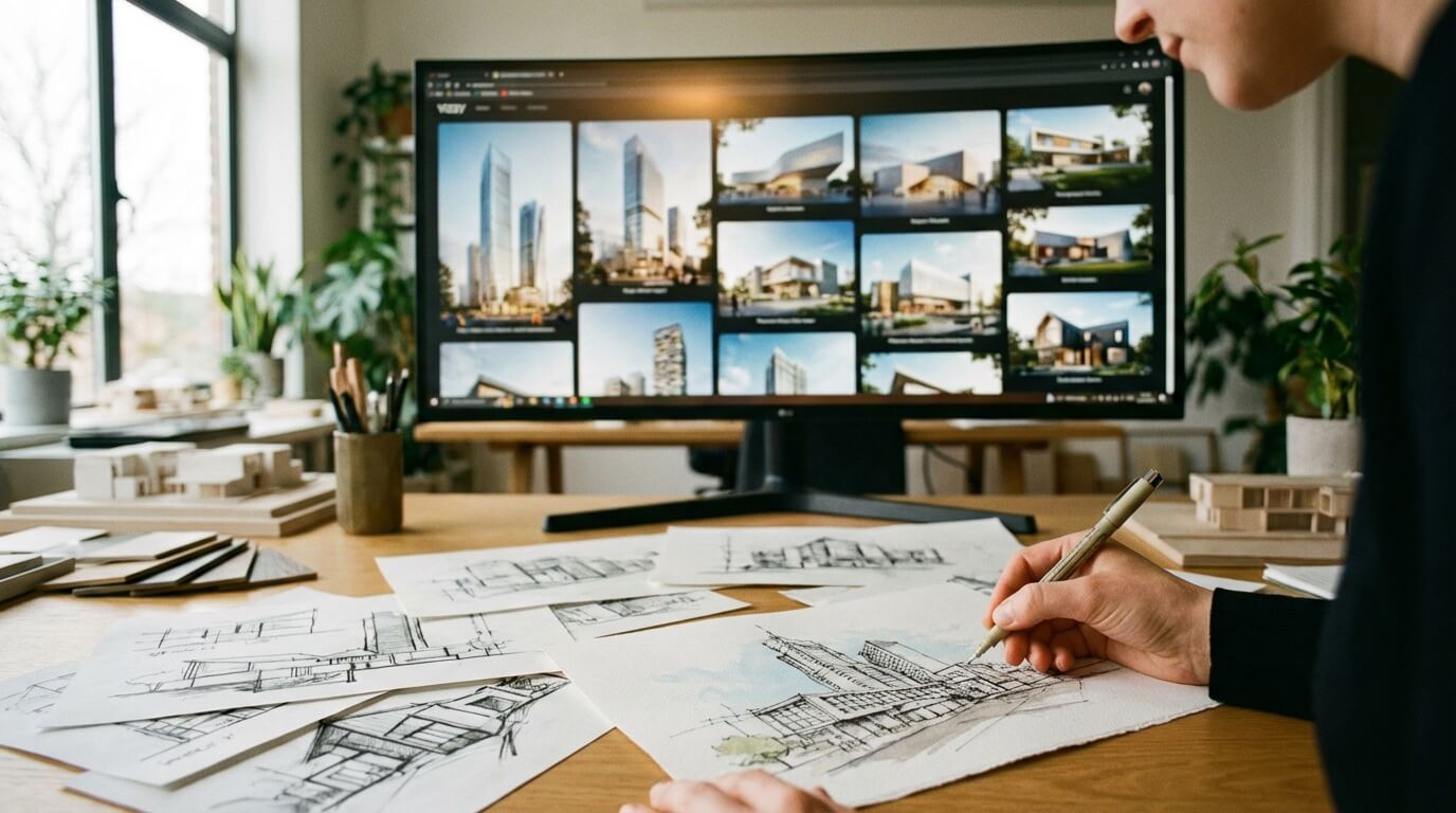Designer sketching freely with multiple Visualizee renders displayed on screen