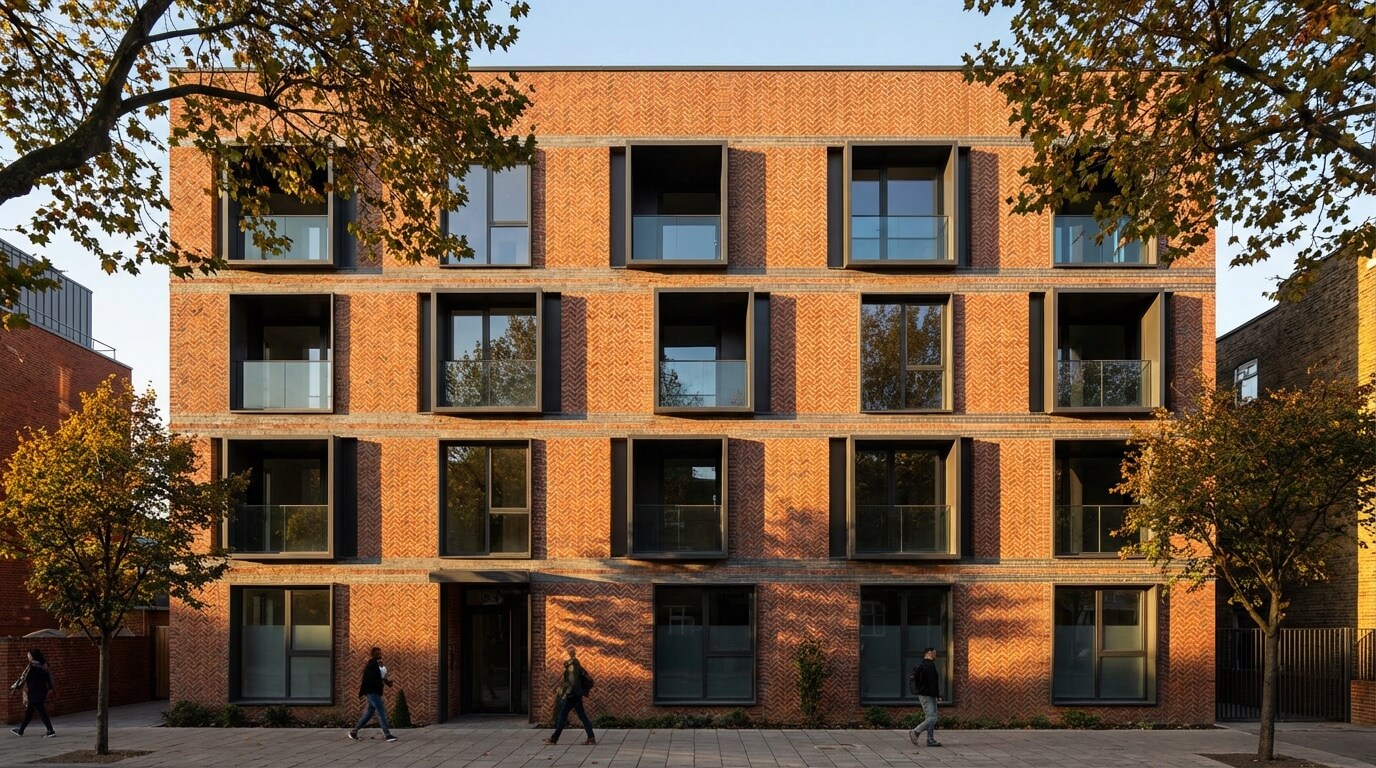Contemporary building with bold herringbone brick facade