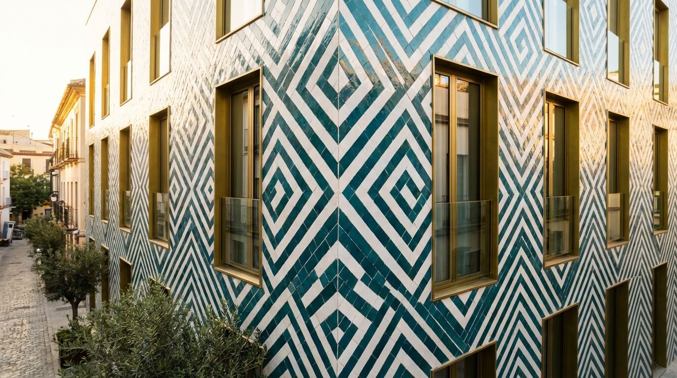 Building facade with traditional zellige tile pattern in contemporary application