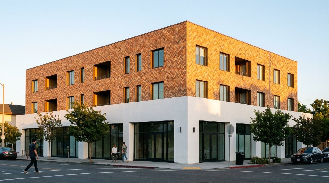 Building showing selective pattern application - terracotta herringbone on upper floor