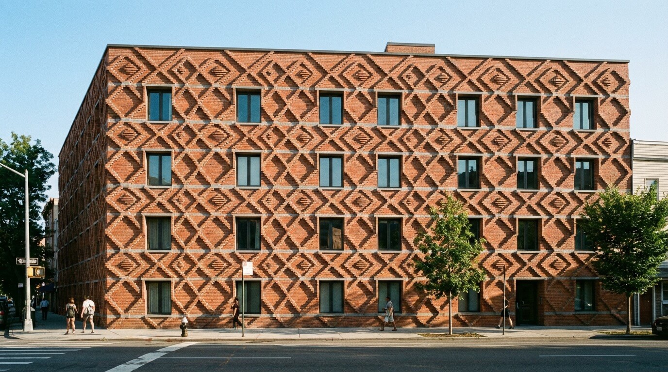 Residential building with projecting brick pattern creating shadows