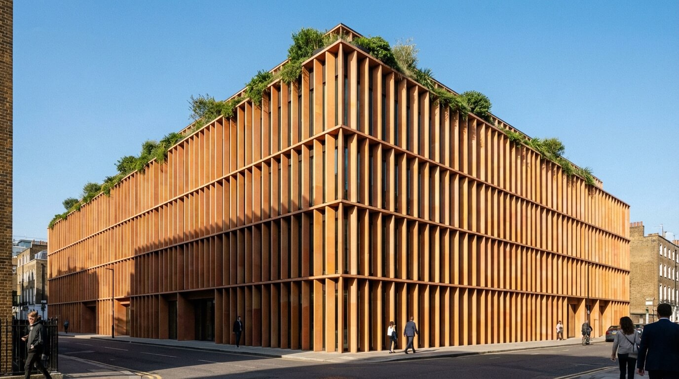 Office building with vertical terracotta fin facade system